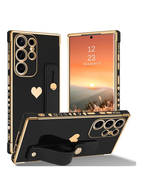 Samsung S23 Ultra Case, Slim Cute Luxury Shockproof with Strap Heart Design Soft Bumper Women Men Girl Protective Phone Cover for Samsung Galaxy S23 Ultra 6.8 inch, Wrist Strap Holder, Black/Gold