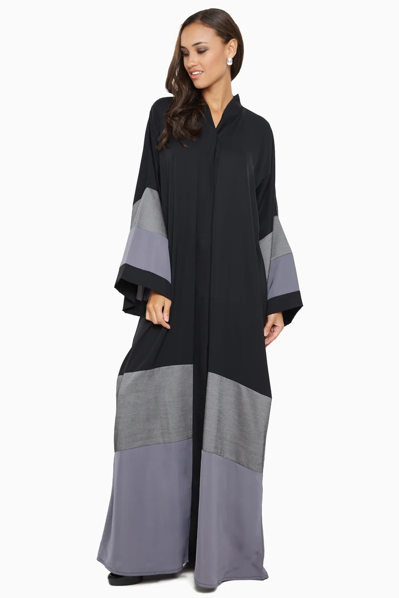 النخبة A gorgeous abaya with grey satin wide stripe detail by the sleeves and ends .-AJ597A