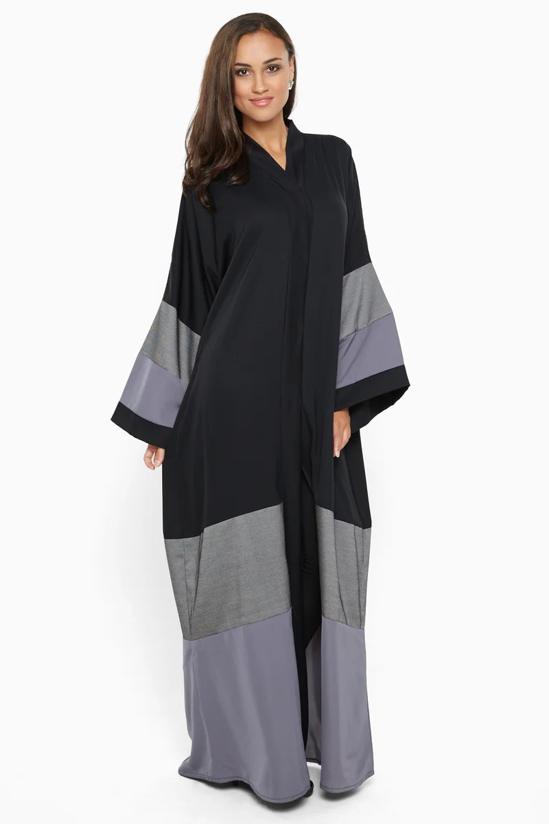 النخبة A gorgeous abaya with grey satin wide stripe detail by the sleeves and ends .-AJ597A