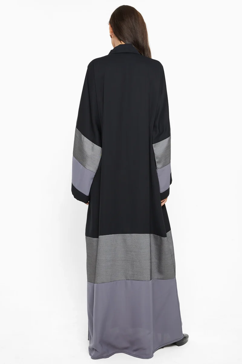 النخبة A gorgeous abaya with grey satin wide stripe detail by the sleeves and ends .-AJ597A