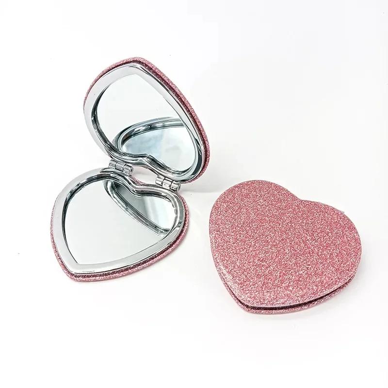 Heart-shaped PU folding makeup mirror custom small mirror PU double-sided mirror students carry folding makeup mirror(Pink) - Image 1