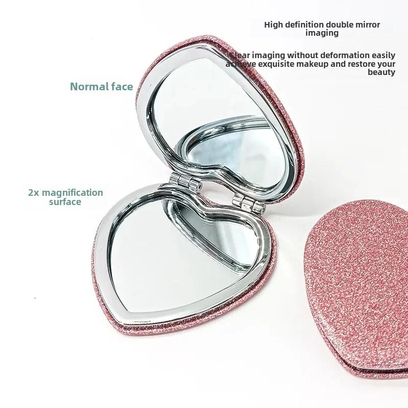 Heart-shaped PU folding makeup mirror custom small mirror PU double-sided mirror students carry folding makeup mirror(Pink) - Image 3