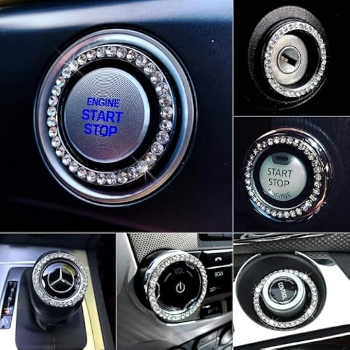 CRYSTAL RHINESTONE CAR BLING RING EMBLEM STICKER, BLING CAR ACCESSORIES FOR WOMEN, PUSH TO START BUTTON, KEY IGNITION STARTER & KNOB RING, INTERIOR GLAM CAR DECOR ACCESSORY (SILVER) - Image 3