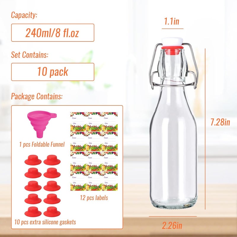 SZUAH 8 oz Swing Top Glass Bottles 10Pack, Reusable Flip Top Glass Bottle for Kombucha, Home Brewing, Beer, Beverage Storage(240ml, Set of 10) - Image 2