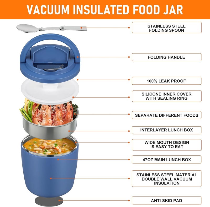 wiwens حاويات الغداء المعزولة سعة 40 أونصة للبالغين، جرة حساء حراري للطعام الساخن، فوهة واسعة، مانعة للتسرب، فراغية، من الفولاذ المقاوم للصدأ، صندوق بينتو حراري مع غطاء مزود بمشبك وملعقة - Image 2