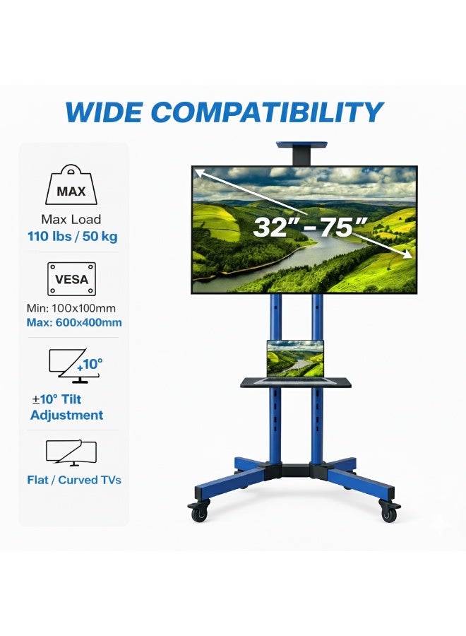 BEETEC Mobile TV Stand for 32–75 Inch Screens, Heavy-Duty Rolling TV Cart, Max VESA 600×400, Tilt Range ±10°, Max Load 50kg, Height Ajustable, Lockable Wheels, Blue | T1500B - Image 3