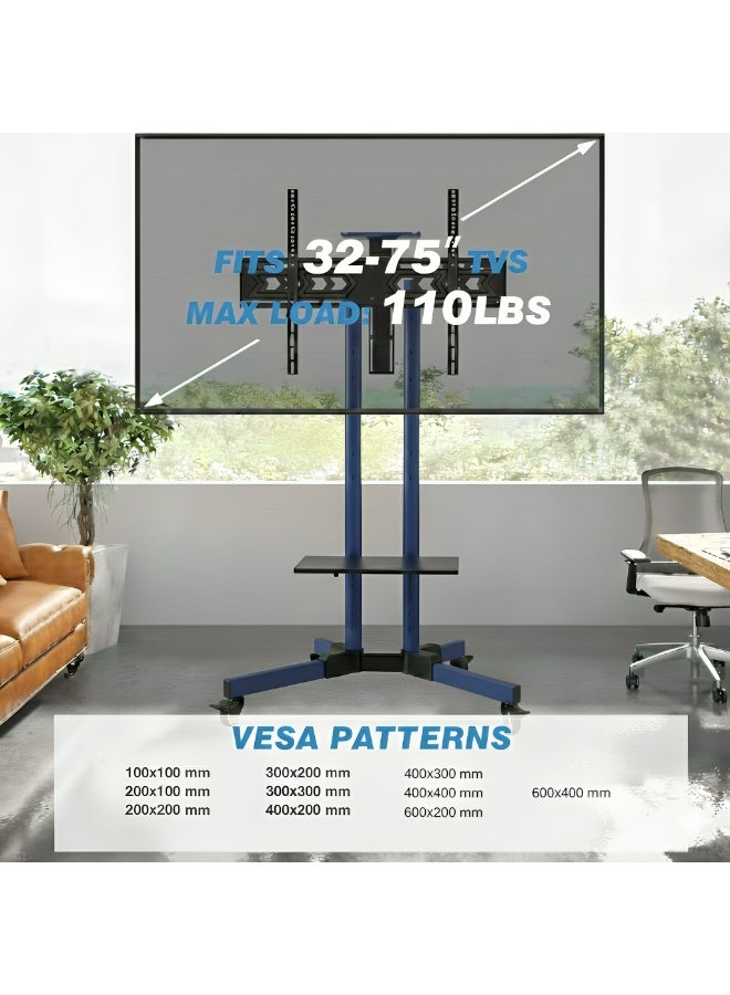 BEETEC Mobile TV Stand for 32–75 Inch Screens, Heavy-Duty Rolling TV Cart, Max VESA 600×400, Tilt Range ±10°, Max Load 50kg, Height Ajustable, Lockable Wheels, Blue | T1500B - Image 4