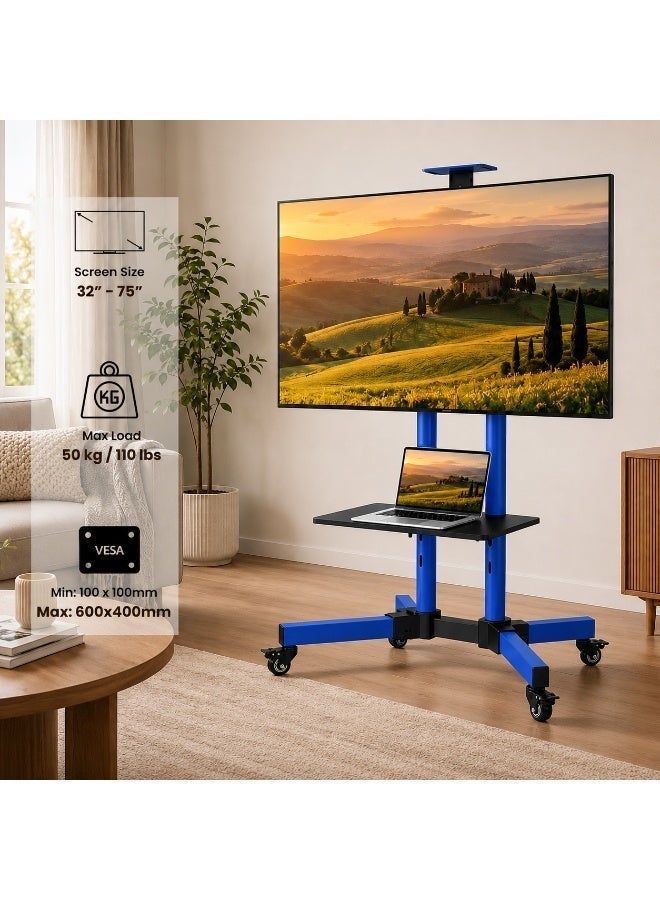 BEETEC Mobile TV Stand for 32–75 Inch Screens, Heavy-Duty Rolling TV Cart, Max VESA 600×400, Tilt Range ±10°, Max Load 50kg, Height Ajustable, Lockable Wheels, Blue | T1500B - Image 2