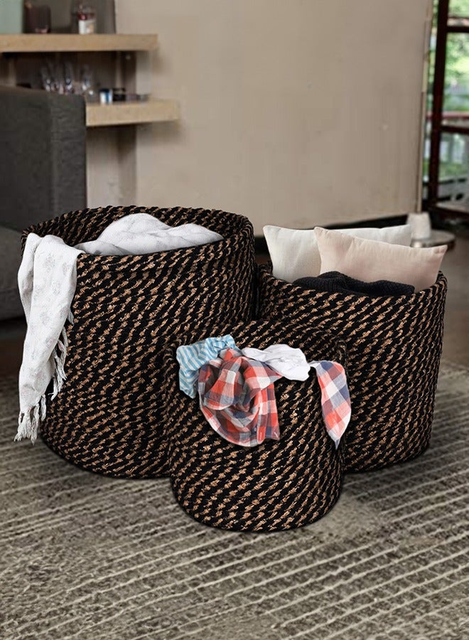 N & H Eco-friendly Handmade Jute Fabric Planter Baskets - Set of 3 - Organizer for Storage, Laundry and Home Décor (Black & Beige) - Image 1