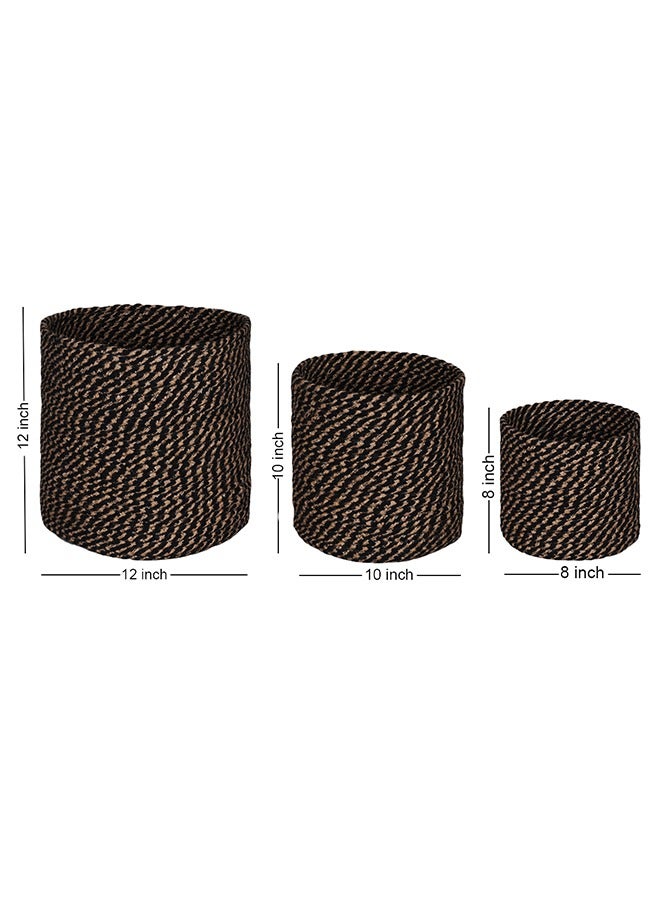 N & H Eco-friendly Handmade Jute Fabric Planter Baskets - Set of 3 - Organizer for Storage, Laundry and Home Décor (Black & Beige) - Image 2