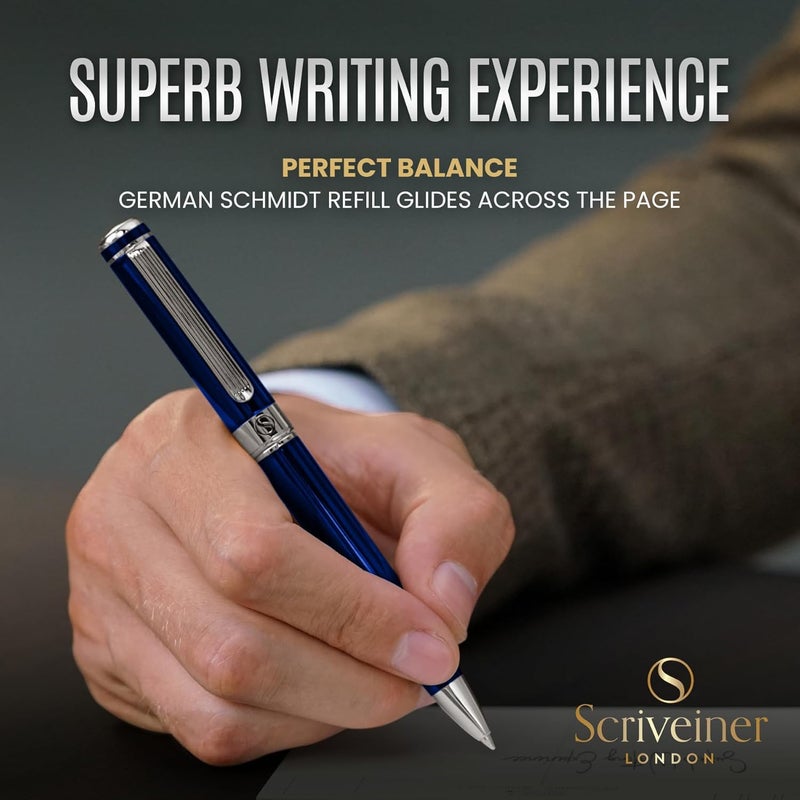 Scriveiner قلم حبر جاف أزرق منتصف الليل - قلم فاخر بطلاء أزرق مذهل، تشطيب كروم، إعادة تعبئة شميت سوداء، أفضل مجموعة هدايا أقلام حبر للرجال والنساء، مكتب تنفيذي محترف، قلم مصمم جميل - Image 4