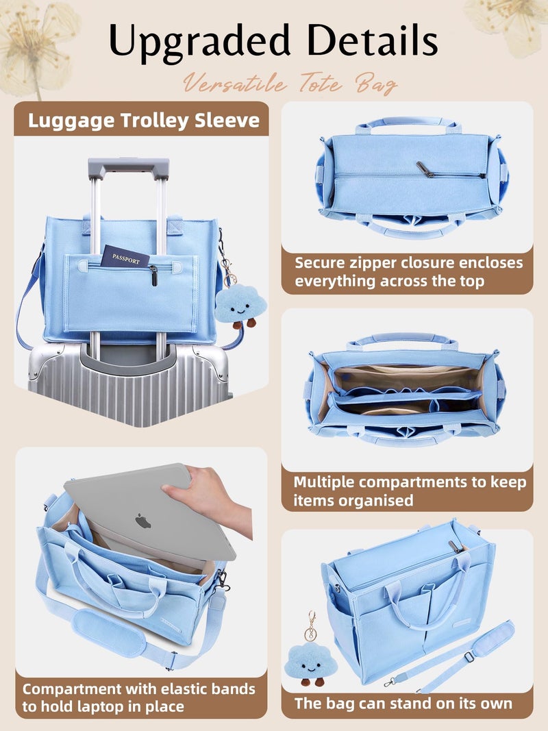 BESBESME Canvas Tote Bag for Women with Zipper, Compartments & Luggage Sleeve, Work and College Crossbody Bag, Adjustable Strap, Laptop Purse for Teacher, Nurse, Travel, Bible Study, Light Blue L - Image 3
