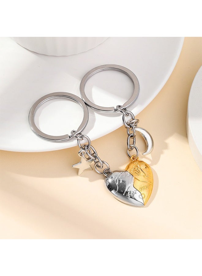 Couples and Best Friends Exclusive 'Two Hearts, One Spirit' Keychain, Creative Matching Key Ring, Relationship Accessory, Moon and Star Decoration, Gold and Silver Combined - Image 2