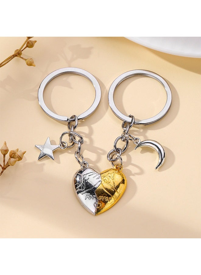 Couples and Best Friends Exclusive 'Two Hearts, One Spirit' Keychain, Creative Matching Key Ring, Relationship Accessory, Moon and Star Decoration, Gold and Silver Combined - Image 1