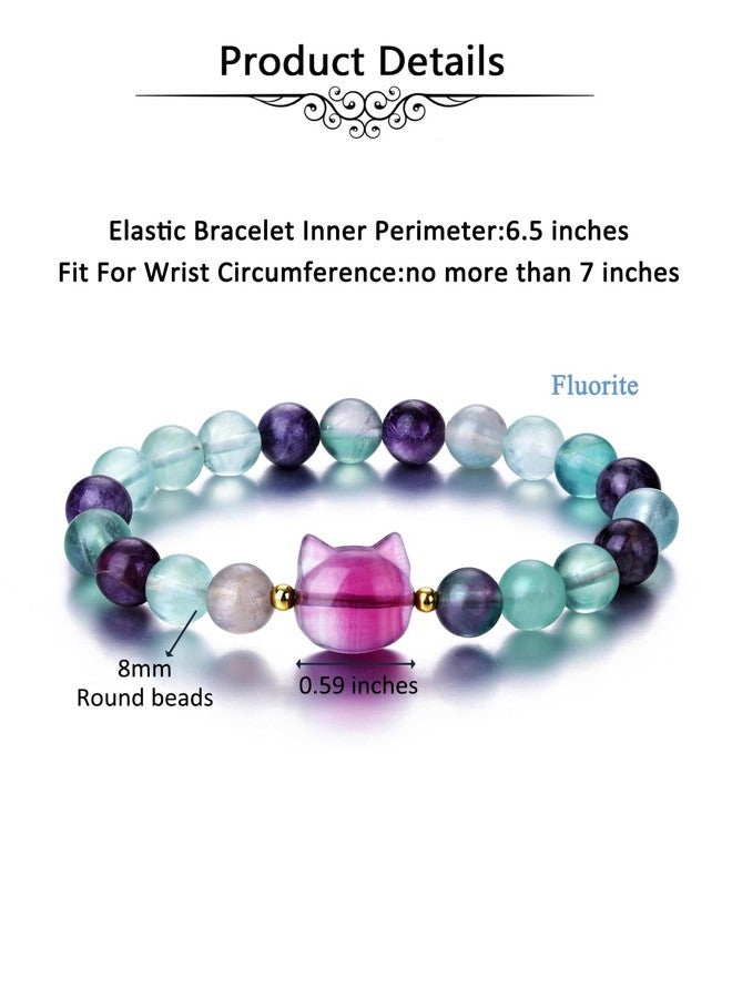 Jovivi Fluorite Crystal Cat Bracelet for Women Men,8mm Natural Stone Beaded Bracelet Protection Healing Crystals Gemstones Bracelet Cat Jewelry Gifts for Good Luck,Money Attraction - Image 5