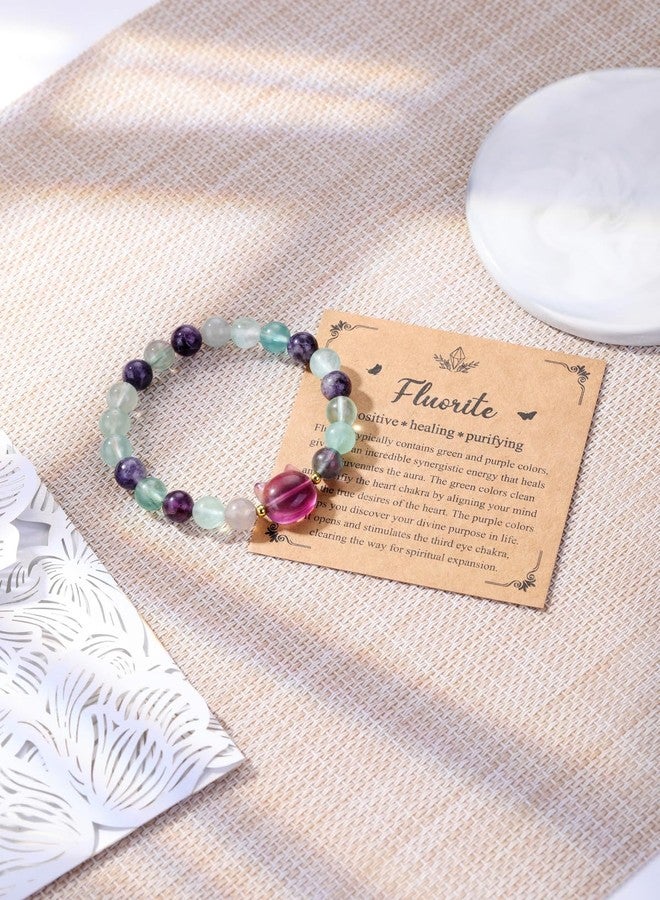 Jovivi Fluorite Crystal Cat Bracelet for Women Men,8mm Natural Stone Beaded Bracelet Protection Healing Crystals Gemstones Bracelet Cat Jewelry Gifts for Good Luck,Money Attraction - Image 3