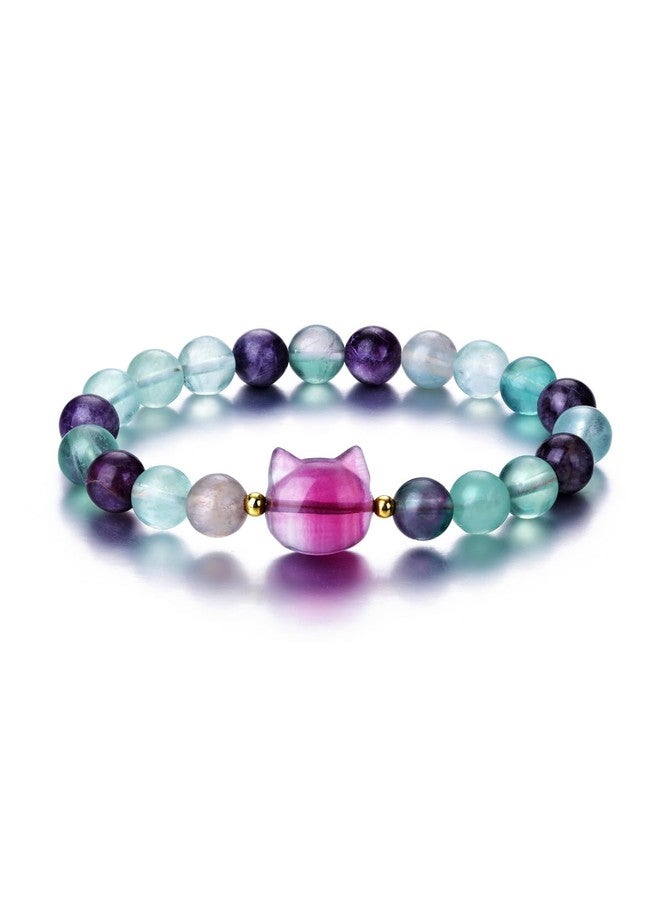 Jovivi Fluorite Crystal Cat Bracelet for Women Men,8mm Natural Stone Beaded Bracelet Protection Healing Crystals Gemstones Bracelet Cat Jewelry Gifts for Good Luck,Money Attraction - Image 1