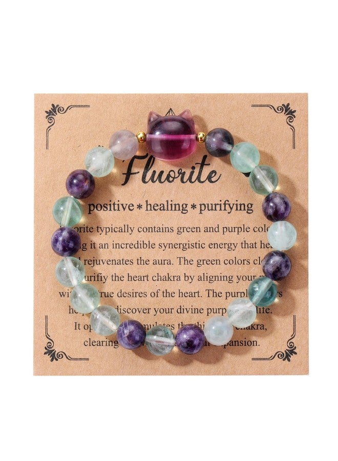Jovivi Fluorite Crystal Cat Bracelet for Women Men,8mm Natural Stone Beaded Bracelet Protection Healing Crystals Gemstones Bracelet Cat Jewelry Gifts for Good Luck,Money Attraction - Image 2