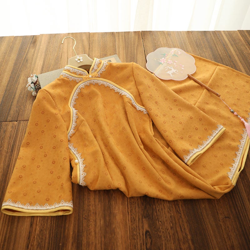 Yellow Suede Cheongsam With Large Sleeves, 2025 Autumn New Style, Suitable For Everyday Wear, Youthful Style, Republic Of China Era Dress - Image 4