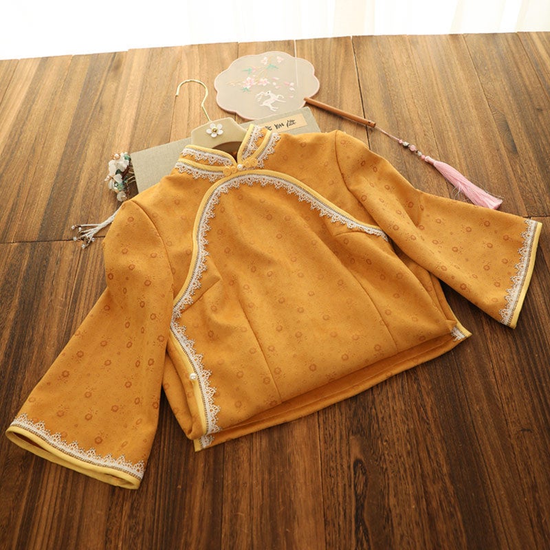 Yellow Suede Cheongsam With Large Sleeves, 2025 Autumn New Style, Suitable For Everyday Wear, Youthful Style, Republic Of China Era Dress - Image 3