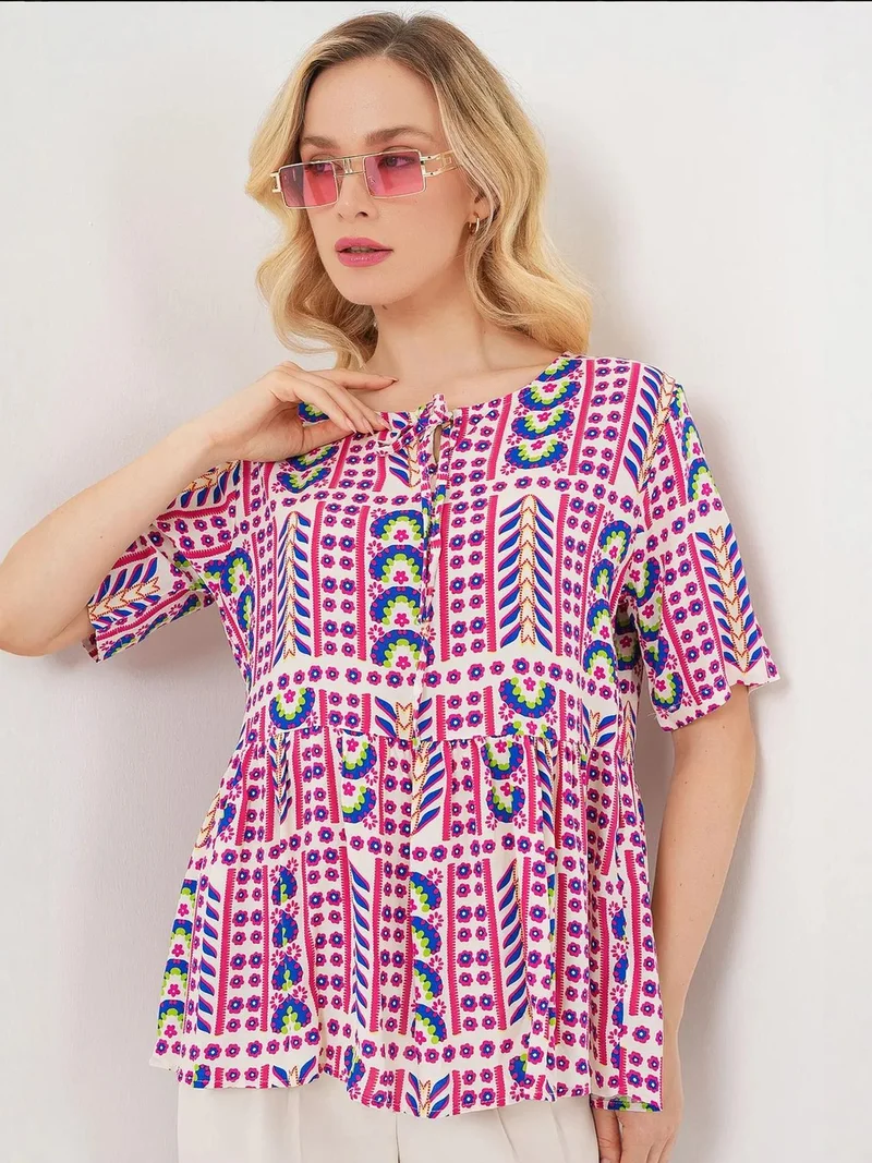 BIG DART BDART Patterned Crew Neck Blouse with Bow Detail
