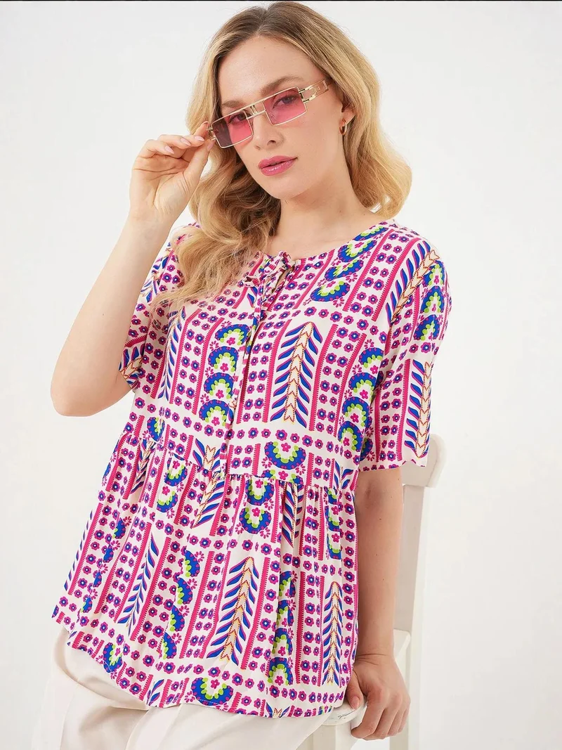 BIG DART BDART Patterned Crew Neck Blouse with Bow Detail