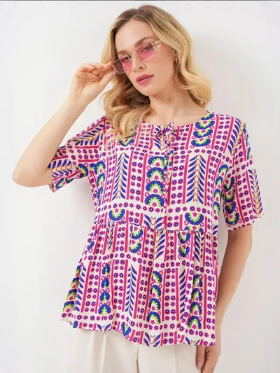 BIG DART BDART Patterned Crew Neck Blouse with Bow Detail