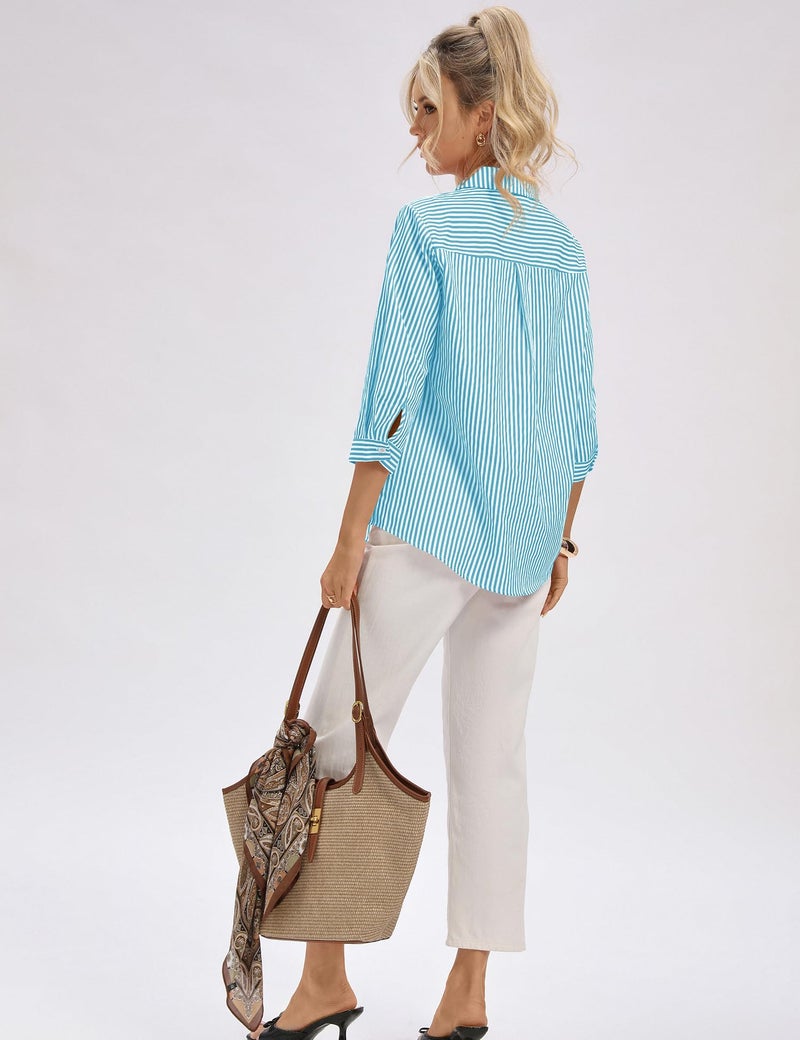 LOMON Business Casual Tops for Women 3/4 Sleeve Summer Fashion V Neck Collared Shirt Ladies Tops and Blouses 2026 Date Outfits (Aqua White Stripes,L) - Image 5