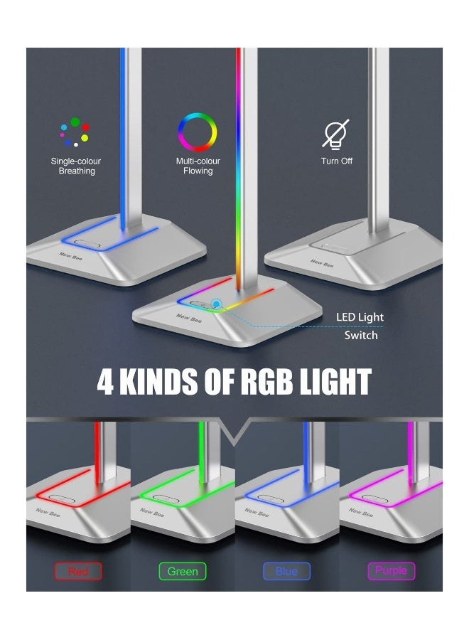 Headphone Stand RGB Headset Holder with 1 USB-C Charging Port and 1 USB Charging Port, Headset Stand Gaming with 7 Light Modes Suitable for All Earphone Accessories (Silvery)