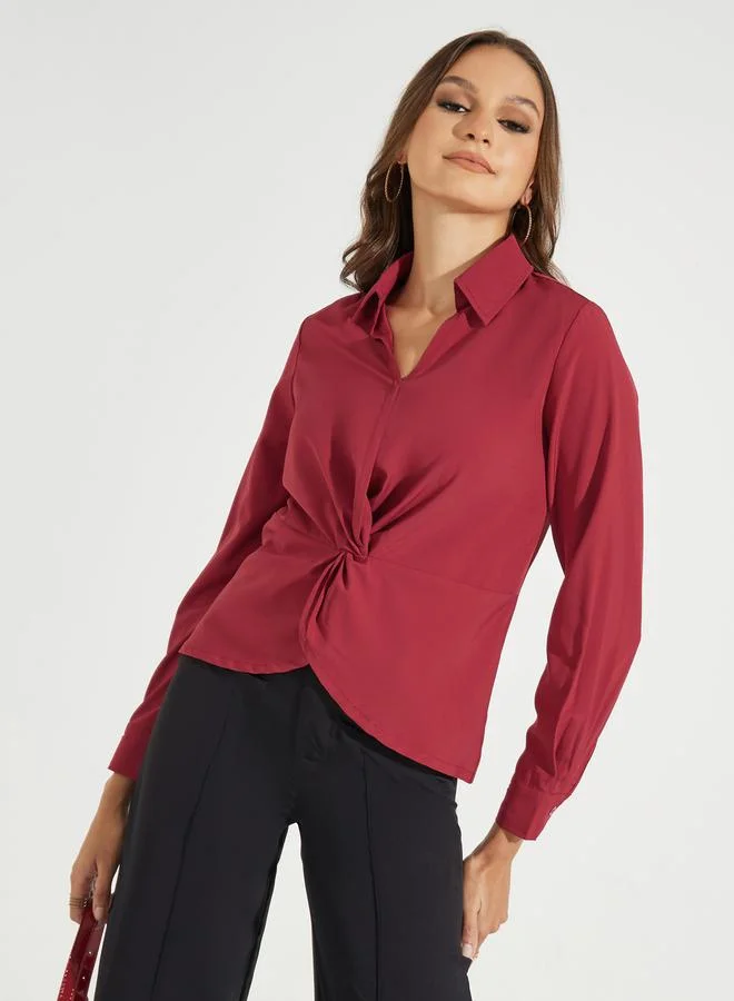 Take Two Solid Twisted Hem Long Sleeves Shirt
