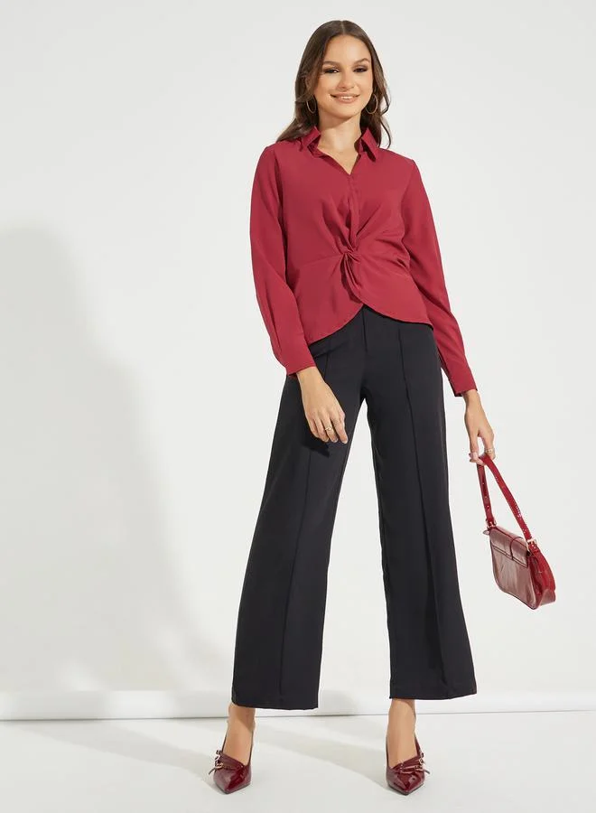 تايك تو بلوزة سادة بتفاصيل ملفوفة واكمام طويلة