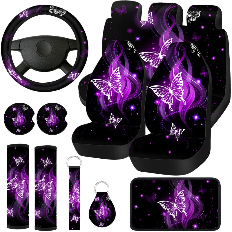 15 Pcs Butterfly Car Seat Covers Full Set Butterfly Front Rear Seat Covers Steering Wheel Cover Wrist Strap Coasters Armrest Shoulder Pads Purple Glitter Butterfly Style