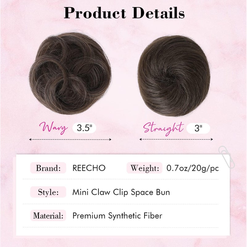 REECHO Space Bun Hair Pieces, 2 PCS Mini Claw Clip in Messy & Cat Ears Fake Hair Bun Extensions HB001 Wig Accessory Updo Hairpieces for Women (Pack of 2-3.5" Wavy, Black Brown) - Image 3