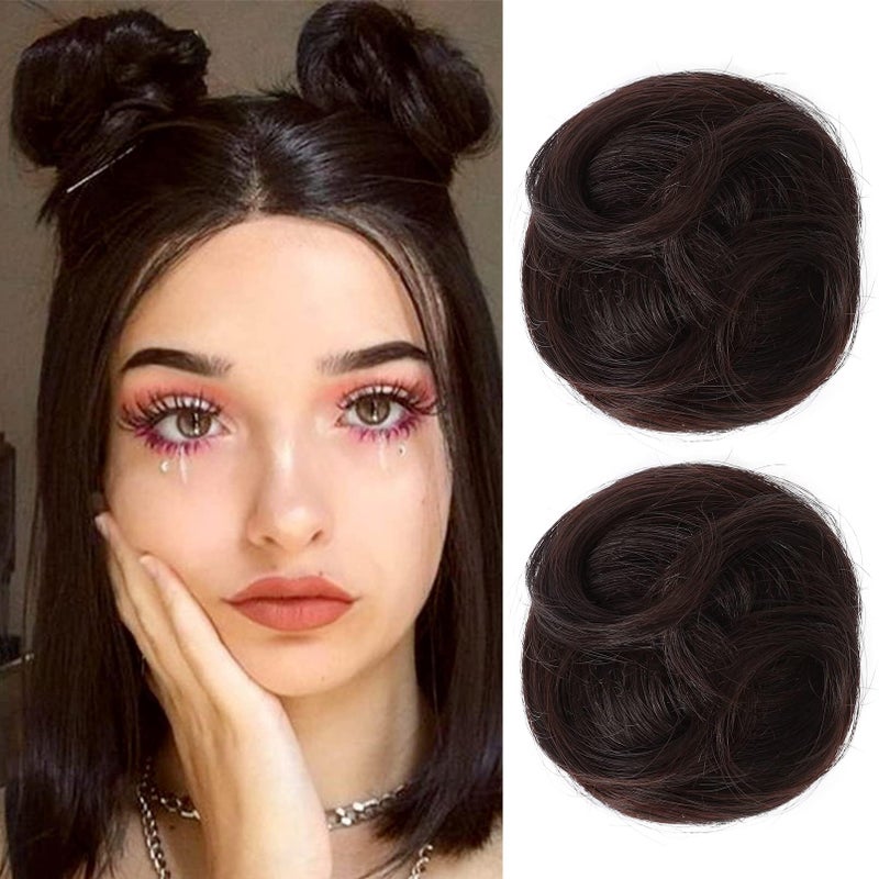 REECHO Space Bun Hair Pieces, 2 PCS Mini Claw Clip in Messy & Cat Ears Fake Hair Bun Extensions HB001 Wig Accessory Updo Hairpieces for Women (Pack of 2-3.5" Wavy, Black Brown) - Image 1