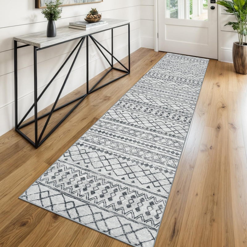 KUTA Boho Runners for Hallways 2x8 Grey Moroccan Washable Runner Rug NonSlip Vintage Kitchen Rugs Ultra Soft Distressed Geometric Floor Carpet for Bedroom Laundry Living Room