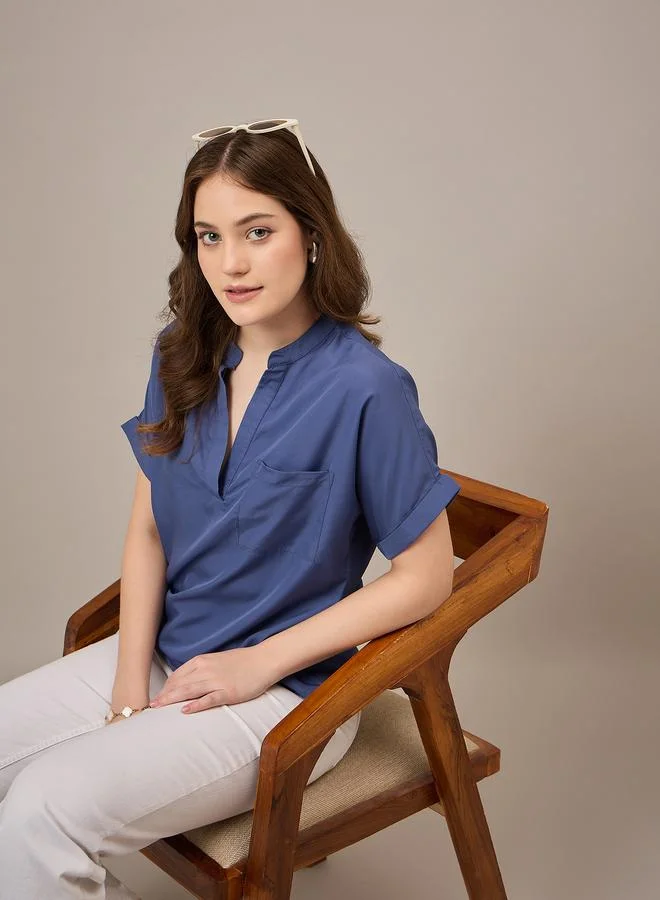 Kuwarii Blue Regular Fit Top with Patch Pocket
