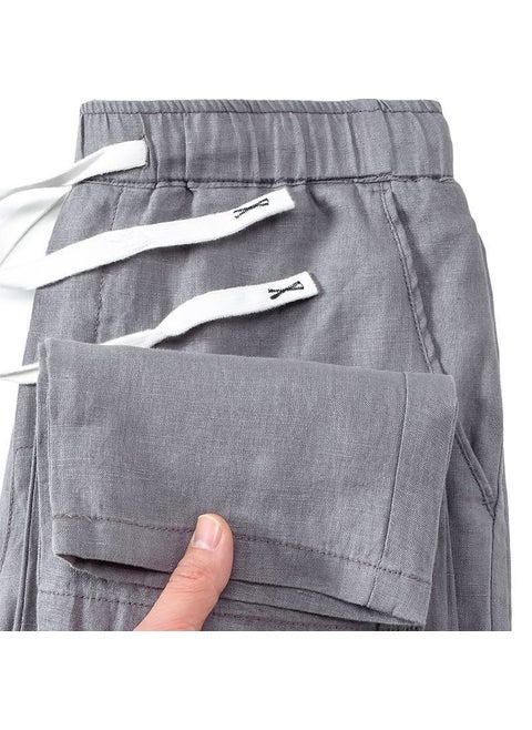 Summer Lightweight Solid Mens Linen Casual Pants Gray breathable sweat/cool heat dissipation