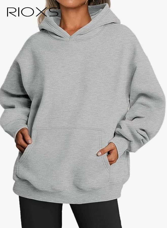 ريوكس بلوزات نسائية كبيرة الحجم بقبعة، بلوزات فضفاضة عصرية للسيدات، بلوزات كاجوال بأكمام طويلة وقبعة وجيب كنغر، ملابس شتوية خريفية مريحة بلوزات بقبعة للمكتب والحفلات والمدرسة والجري والرياضة والنادي الرياضي والمزيد، رمادي - Image 1