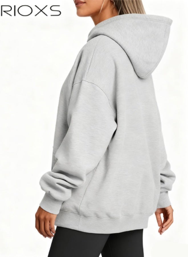 RIOXS Women's Oversized Hoodies, Trendy Loose Fit Sweatshirts for Ladies, Long Sleeve Casual Hooded Pullover Tops with Kangaroo Pocket, Comfortable Winter Fall Outfits Hooded Sweatshirts for Office, Party, School, Running, Sport, Gym and More, Grey - Image 3