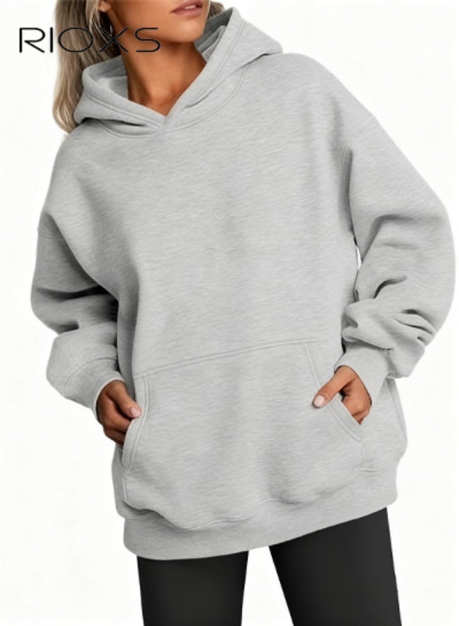 RIOXS Women's Oversized Hoodies, Trendy Loose Fit Sweatshirts for Ladies, Long Sleeve Casual Hooded Pullover Tops with Kangaroo Pocket, Comfortable Winter Fall Outfits Hooded Sweatshirts for Office, Party, School, Running, Sport, Gym and More, Grey - Image 5