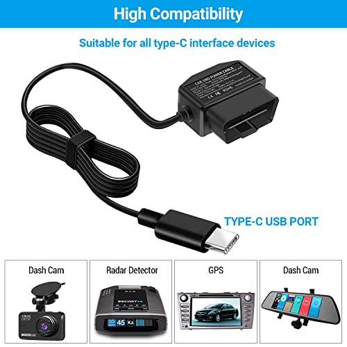 ssontong Upgraded OBD2 OBD Power Cable for Dash Camera, OBD to Type-C USB OBDII Adapter Hardwire Charger Cable 24 Hours Surveillance and Acc Two Mode with Switch Button (Type-C USB Port) - Image 4