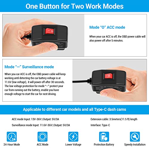 ssontong Upgraded OBD2 OBD Power Cable for Dash Camera, OBD to Type-C USB OBDII Adapter Hardwire Charger Cable 24 Hours Surveillance and Acc Two Mode with Switch Button (Type-C USB Port) - Image 5