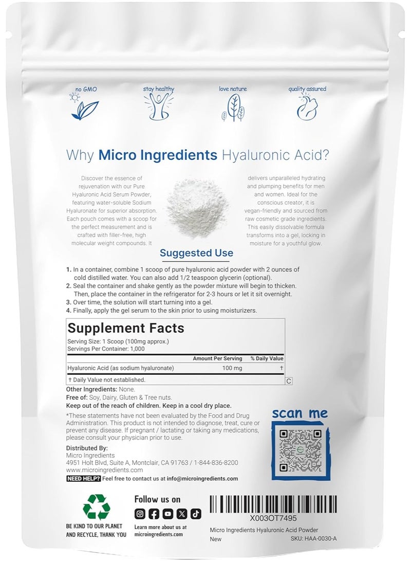 microingredients Hyaluronic Acid Powder, Skin Hydration, Dietary Supplement 3.52oz - Image 2