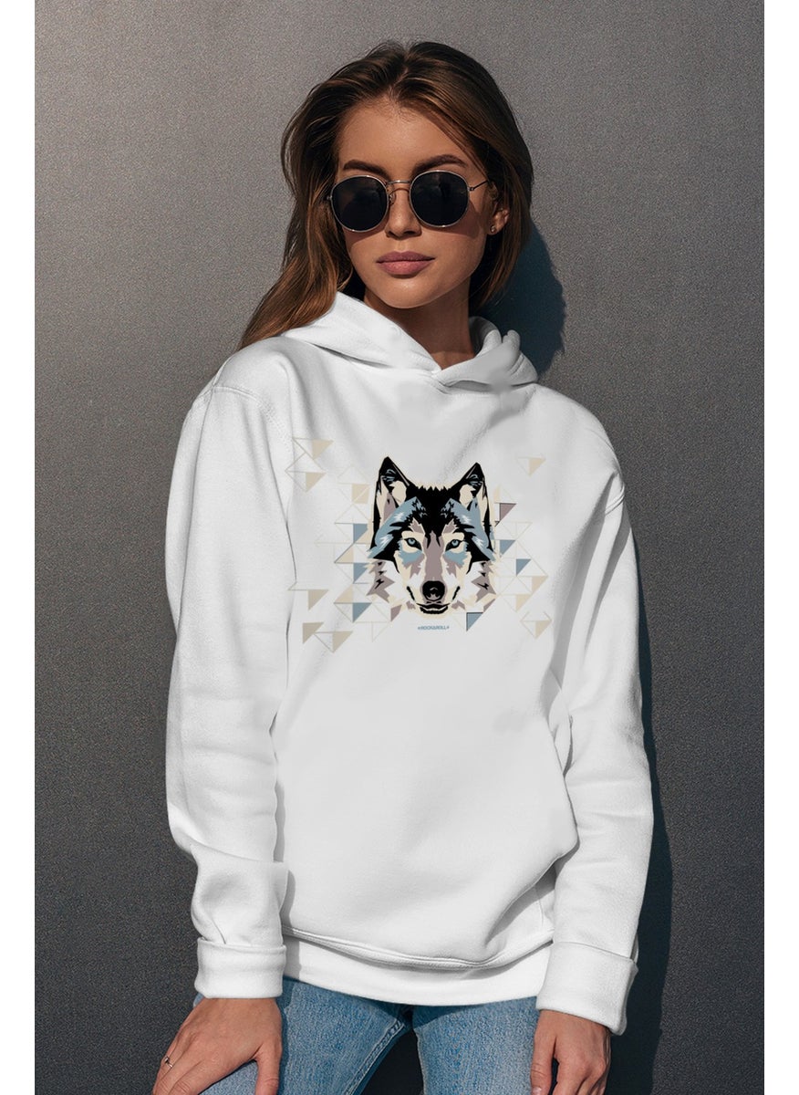 Geometric Wolf White Hooded Women's Sweatshirt - pzsku/Z66FF369B8AD9F57225CCZ/45/_/1725789801/2a23f4d0-d193-45c2-ae6f-20e3264898a8