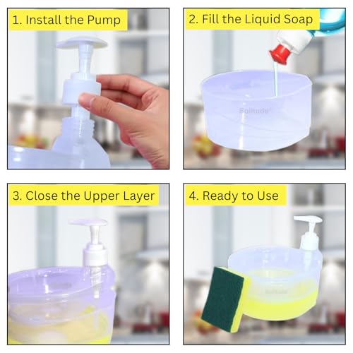 Solitude Double-Layer Soap Dispenser with 2 Sponges, Liquid Holder & Dispenser Pump with Sponge Holder for Kitchen Sink & Bathroom Accessories (Transparent) - Image 3