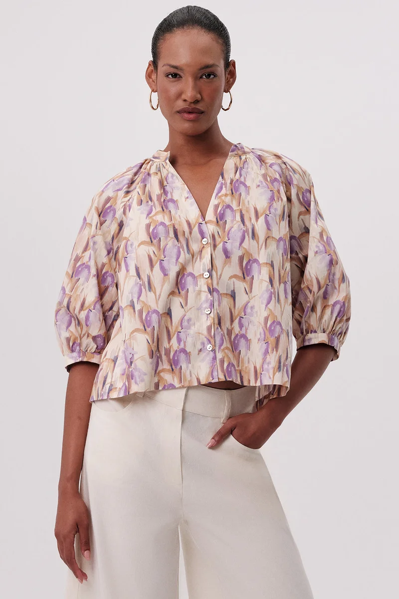Exquise V-Neck Short Sleeve Buttoned Regular Multicolored Shirt