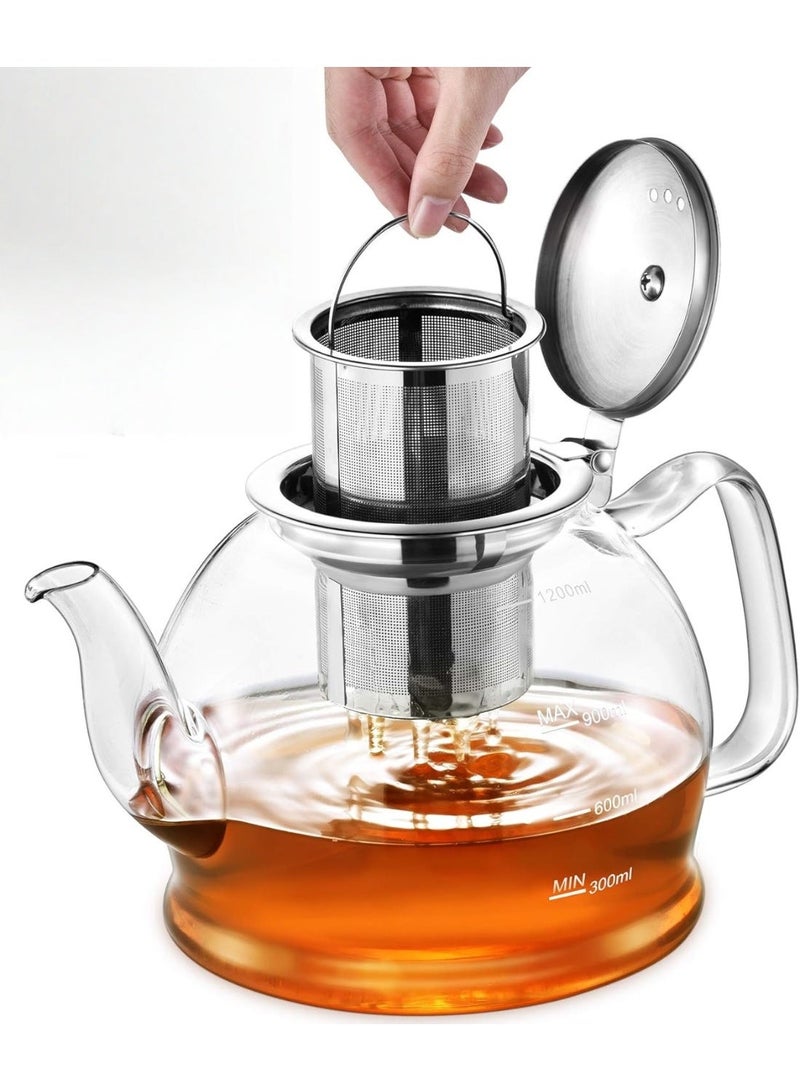 40 oz. / 1200 ml Glass Teapot for Loose Tea, With Infuser and Stainless Steel Strainer, Stovetop Safe - Image 1