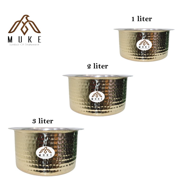 MUKE® Brass Hammered Patila, Brass Tope, Brass Cookware, Patila, Round Heavy Bottom Tapeli, Bhagona Kalai Brass top (1,2,3 Liter) - Image 3