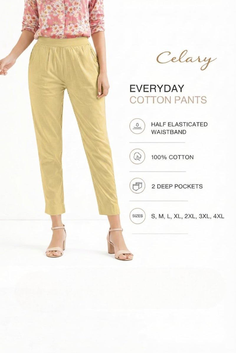 Celary Women’s Cotton Pants with Half Elasticated Waist and Pockets for Casual and Office Wear - Image 4