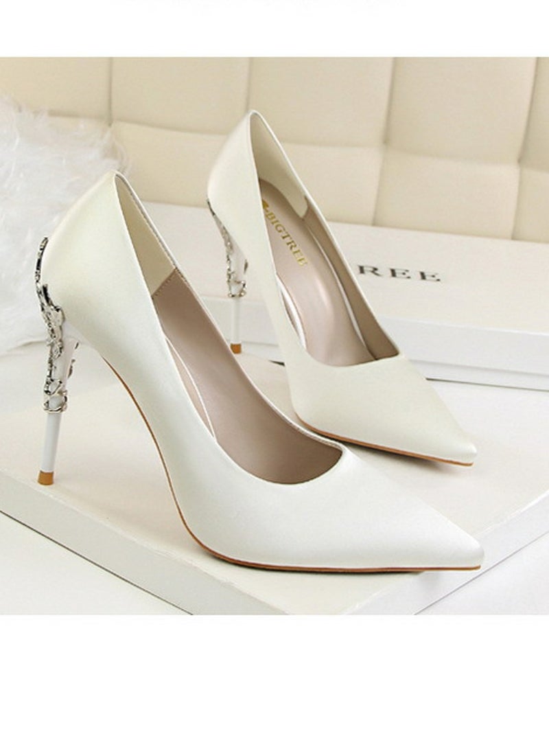 BIGTREE Women's Elegant Stiletto Pumps With 10 CM Personalized Metal Heel Elegant Gorgeous Closed Pointed Toe Slip On Solid High Heels White  - Image 2